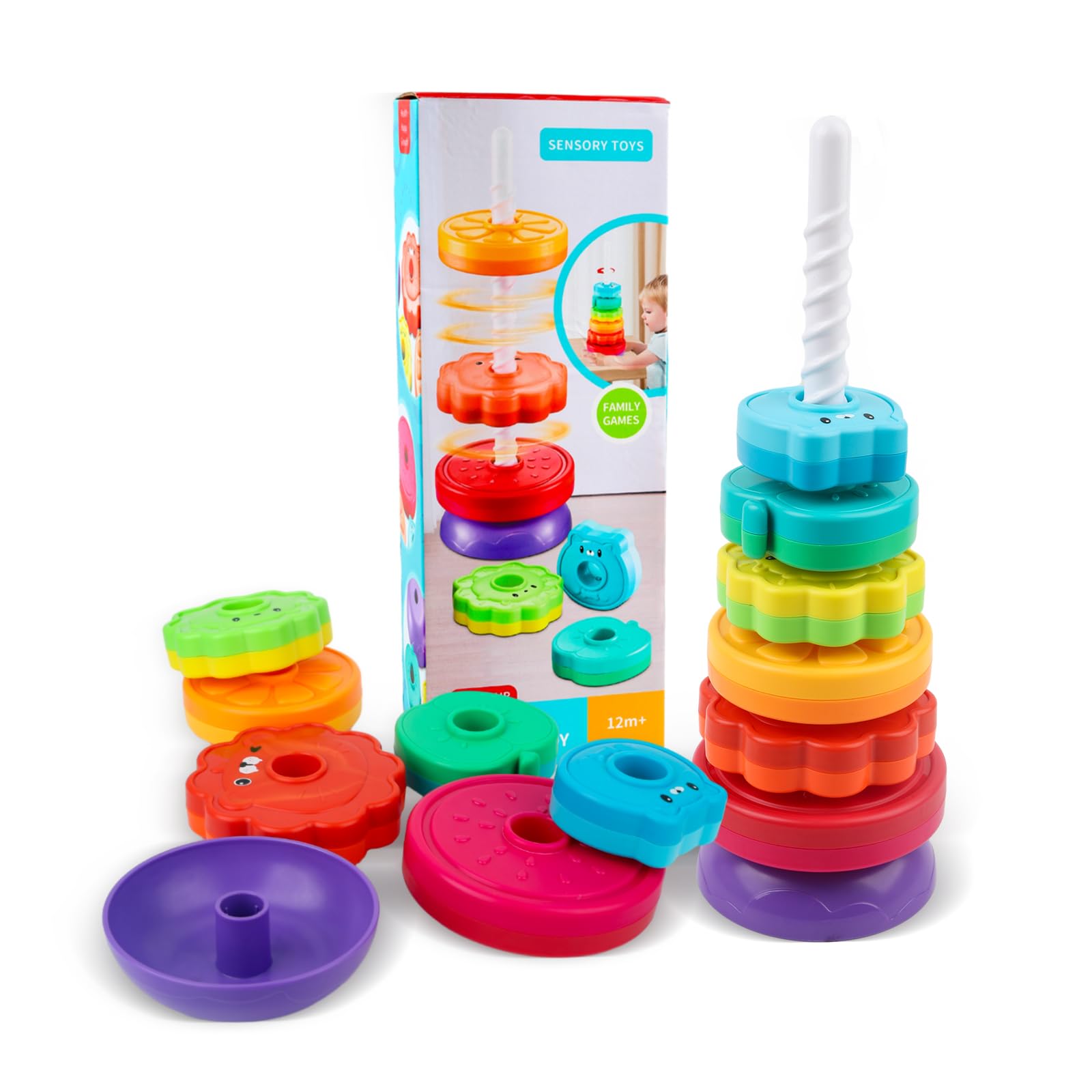 BYFWH Spinning Stacking Toys for Babies 12+ Month Rainbow Ring Flowers Animals Fruits Theme Stacker ABS Toys for Toddlers 1-3 Montessori Educational Learning Sensory Toy,Stacking Toy for Kids