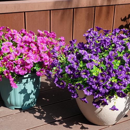 Image of Artificial Flowers for Outdoors, UV Resistant Fake Silk Morning Glory, Realistic Faux Plants for Outside Porch Patio Window Box Hanging Planter (16, Purple Fuchsia)