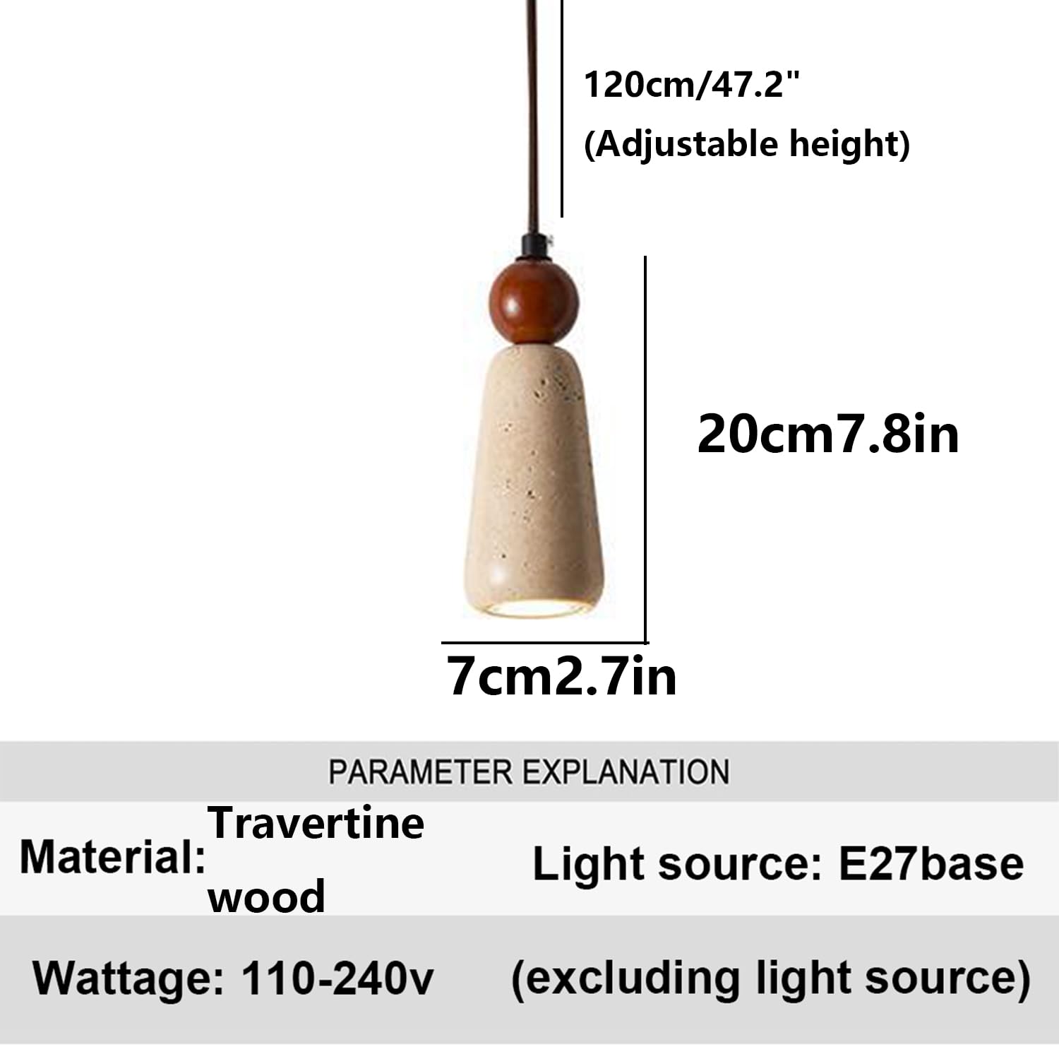 Paralume a sospensione in travertino stile vintage 7,8 pollici Lampada a Base in pietra porosa Apparecchio di illuminazione a soffitto con accenti in legno(Walnut colour)