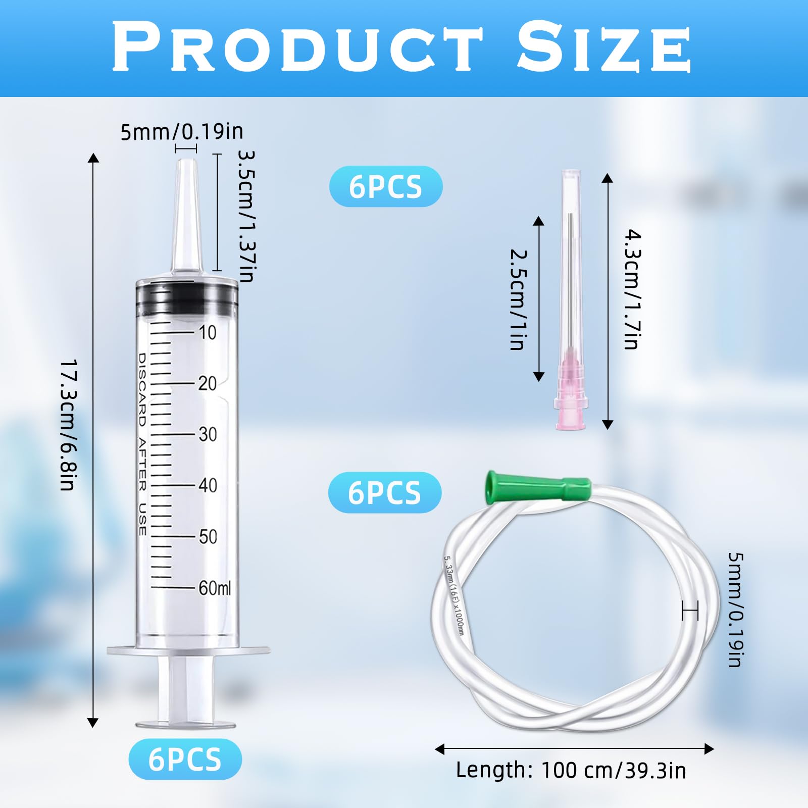 6 sztuk strzykawek 50 ml (60 ml) z igłą, strzykawka z wężem, pojedynczo zapakowana, idealna do karmienia zwierząt laboratoryjnych, nawadniania roślin przemysłowych