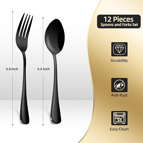 Miniatura 2 de Juego de 12 cucharas y tenedores, cubiertos de acero inoxidable de grado alimenticio, 6 tenedores y 6 cucharas, juego de cubiertos para el hogar,