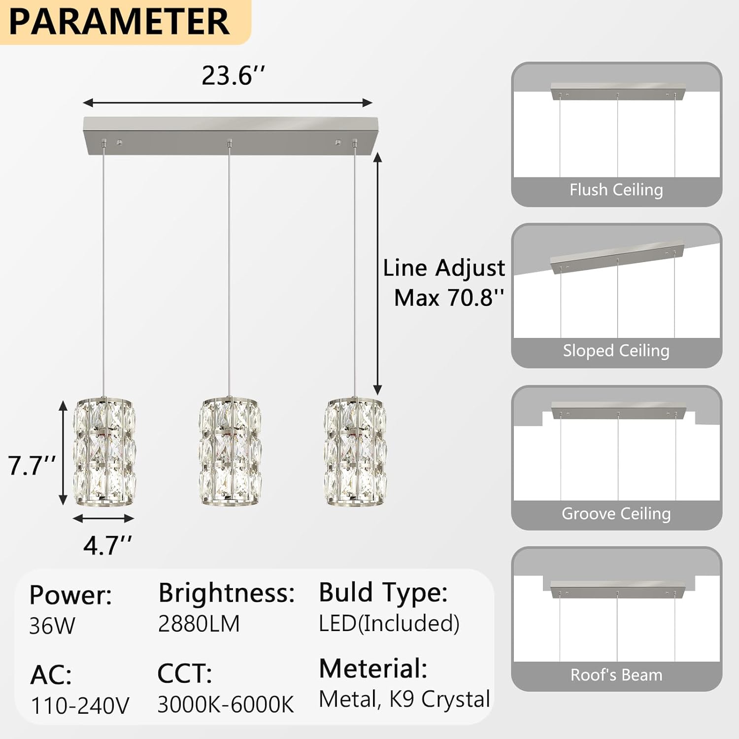 3-Lights Rectangle Modern Crystal Pendant Lights for Kitchen Island LED Dimmable Glam Pendant Lighting Chandelier for Dining Room Hallway Corner Lamp Nickel Nickel 3 Lights Rectangular