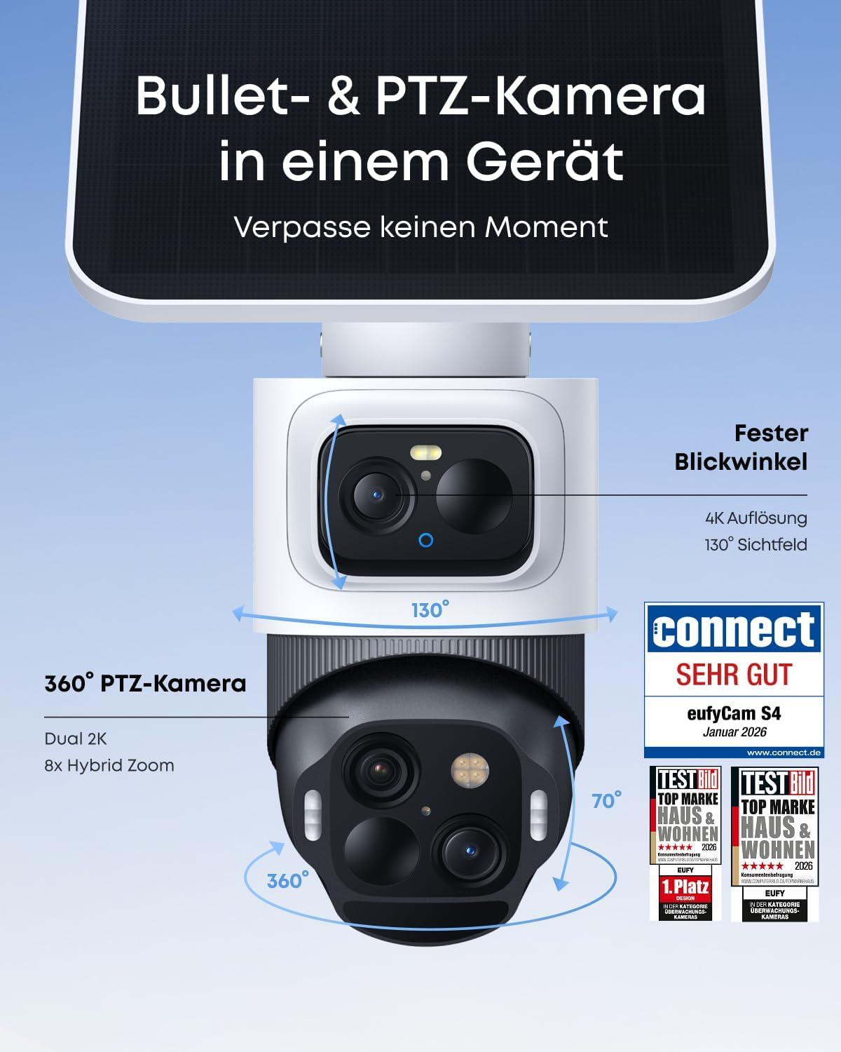 eufyCam S4 4‑Kamera‑Set, kabellose Solar‑Überwachungskamera außen, 3‑Linsen Bullet‑PTZ‑Kamera, 4K UHD, 360° Multi‑Kamera‑Tracking, Auto‑Tracking, 8× Hybridzoom, Farbnachtsicht, 16TB lokaler Speicher