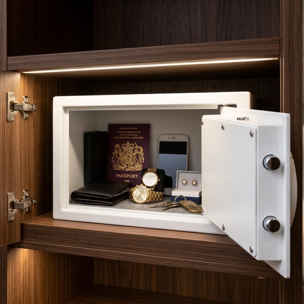 JVD Coffre-Fort Trustee Compact blanc - Coffre-fort Électronique pour hôtel - Verrouillage par code - Éclairage LED - Blocage automatique en cas d'infraction