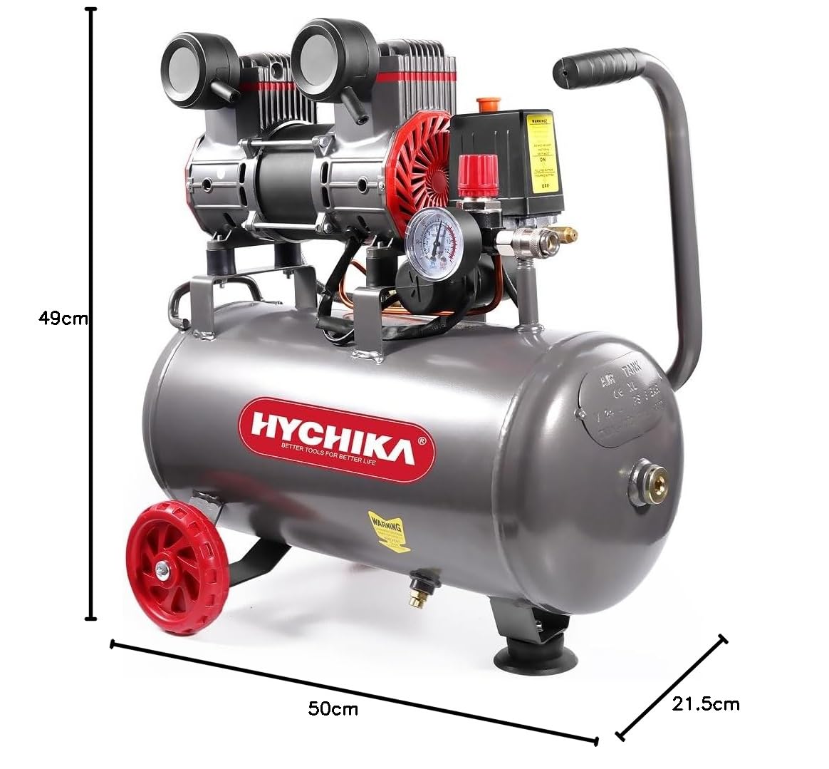 HYCHIKA Compresor Aire, Compresor Silencioso Portatil 8 Bar, 24L, 230V-240V, Sin aceite, 1100W Max, 24 Litros Compresor de Aire para Coche, Pulverización de pintura, Presión de escape regulable
