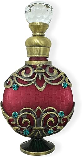 Botella de perfume de vidrio decorativa, 0.3 fl oz, acabado de bronce adornado y diamantes de imitación, 4 pulgadas de alto, botella vacía pequeña