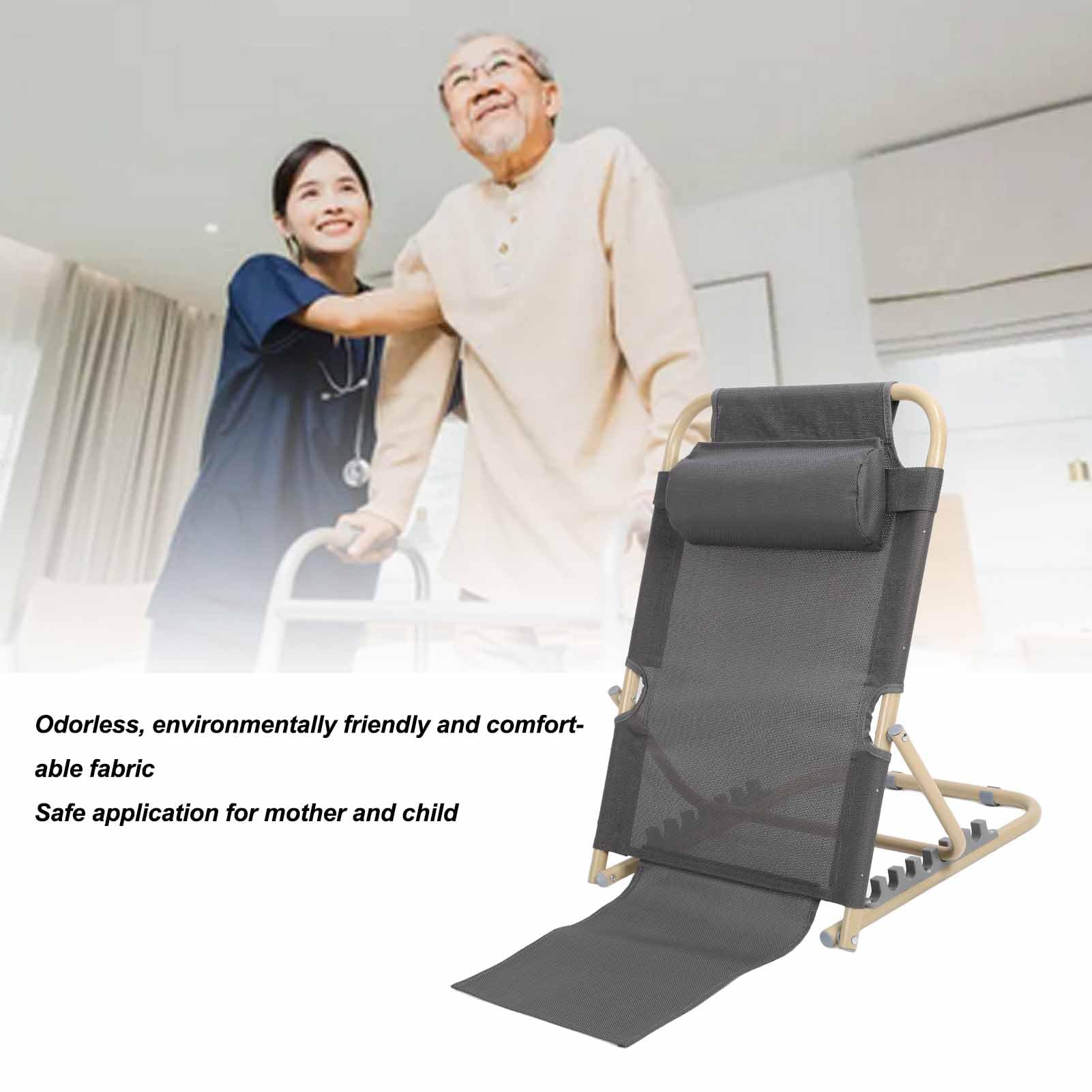 Respaldo de cama elevable con 6 posiciones, ajustable, plegable, para personas con discapacidad, tamaño L (grande), color gris.