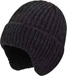Gorro de malha térmica com abas de orelha para homens – Chapéu de inverno grosso à prova de vento para clima frio, boné forrado com lã quente para atividades ao ar livre, preto