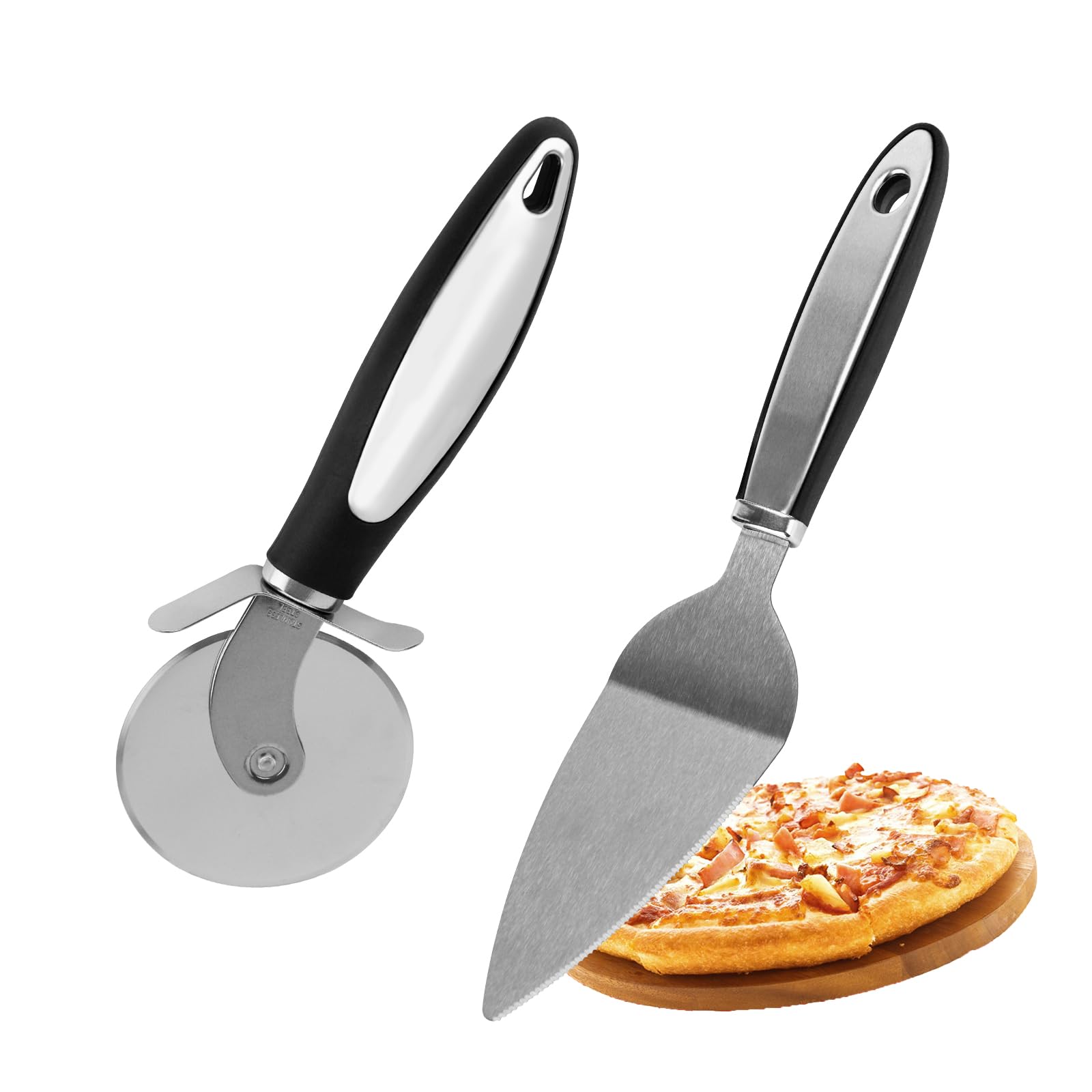 BigKego 2 Stück Edelstahl Pizzaschneider Pizzaschaufel Set Pizzaroller mit Klingenschutz Pizzamesser Pizza Cutter Tortenheber Pizza Server für Küchen Restaurants Partys