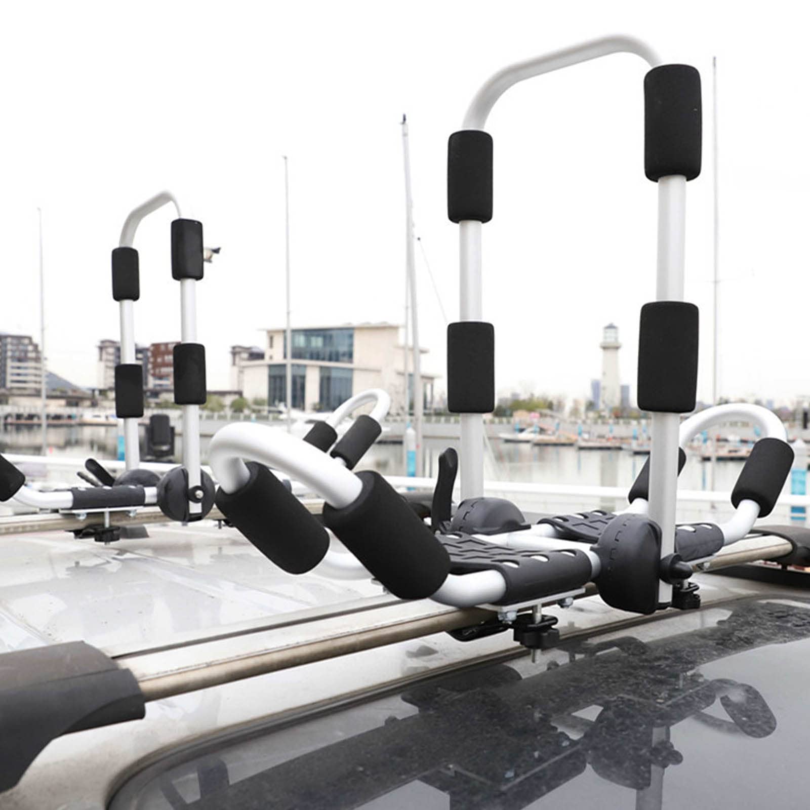 Porte-Bagages de Toit pour Kayak, 1 Paire de Barres de Toit Pliantes en J avec 2 Sangles d'arrimage pour Kayak et canoë sur Voiture, SUV, Barre transversale de véhicule, Argent