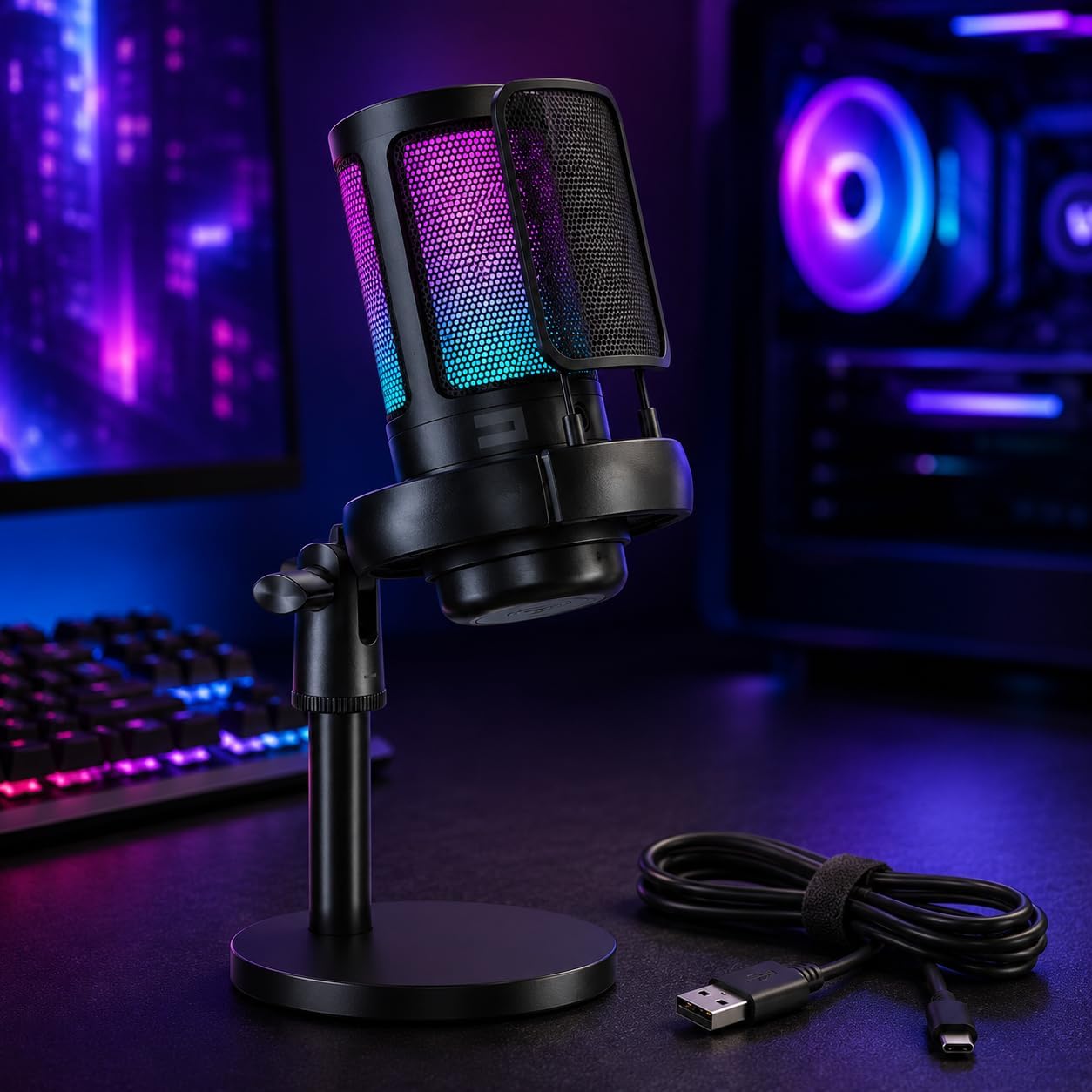 Microfone Gamer RGB USB para PC e Notebook – Condensador com Controle de Ganho, Botão Mute Touch e Iluminação LED RGB para Streaming, Podcast e Jogos