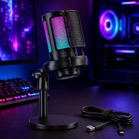 Microfone Gamer RGB USB para PC e Notebook – Condensador com Controle de Ganho, Botão Mute Touch e Iluminação LED RGB para Streaming, Podcast e Jogos