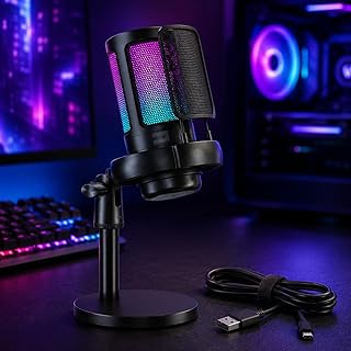 Microfone Gamer RGB USB para PC e Notebook – Condensador com Controle de Ganho, Botão Mute Touch e Iluminação LED RGB para Streaming, Podcast e Jogos