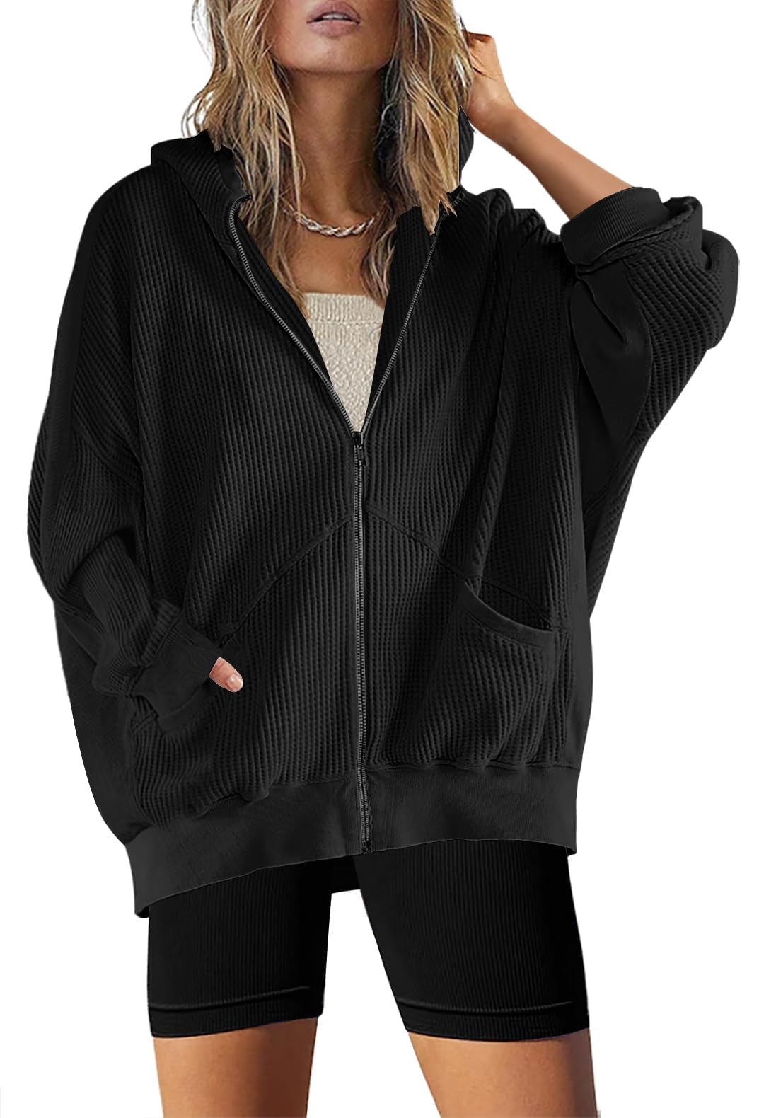 SAUKOLEWomens Fashion Zip Up Hoodies Oversized Waffle Knit Jacket Shirts Long Sleeve Solid Shacket Blouse with Pockets