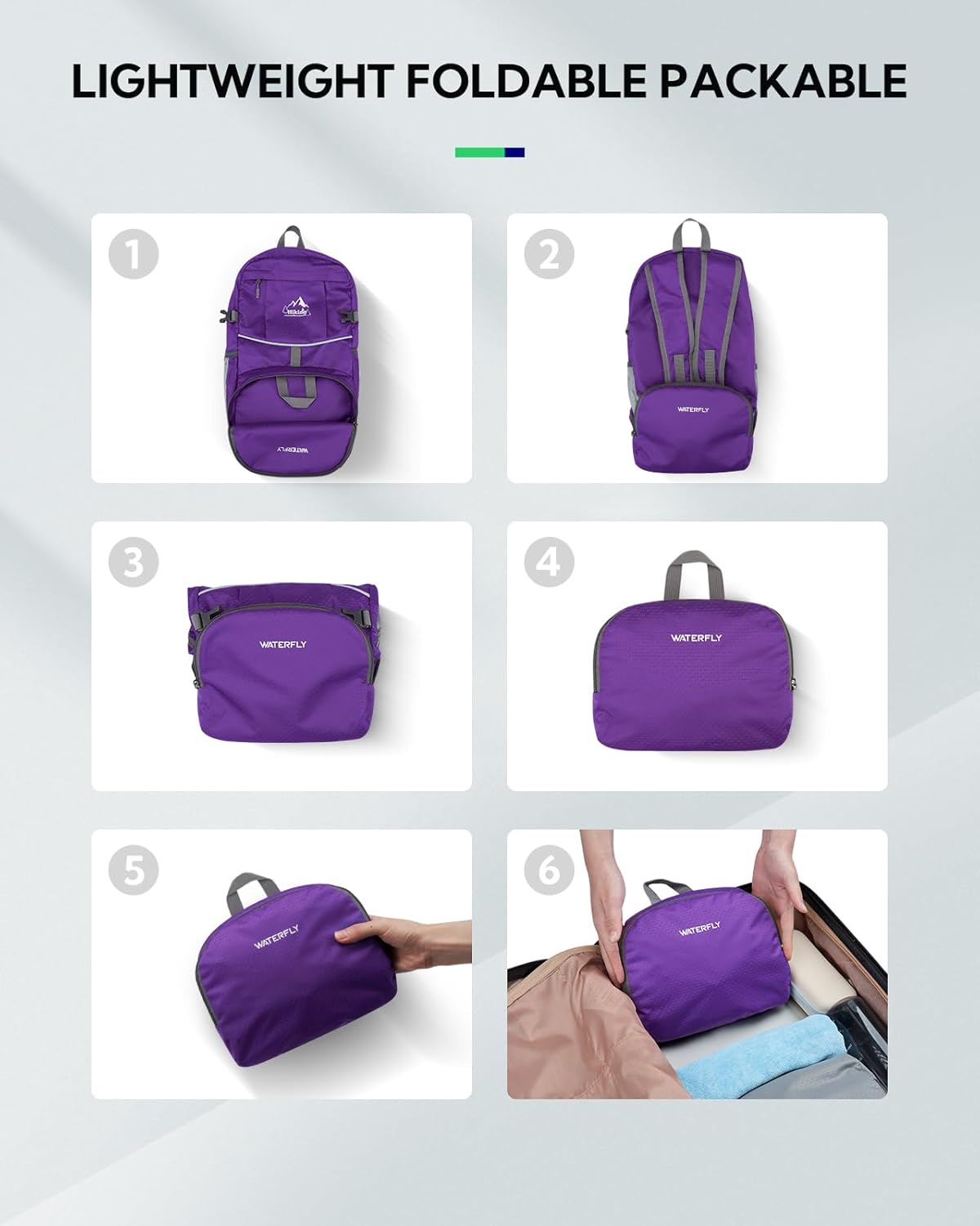 WATERFLY Hiking Packable Daypack Backpack: 25L Ultra Lightweight Day Pack for Woman Man - Small Compact Folding Back Pack for Outdoor Sport Cycling Camping Travel Trip - Purple - Image 5