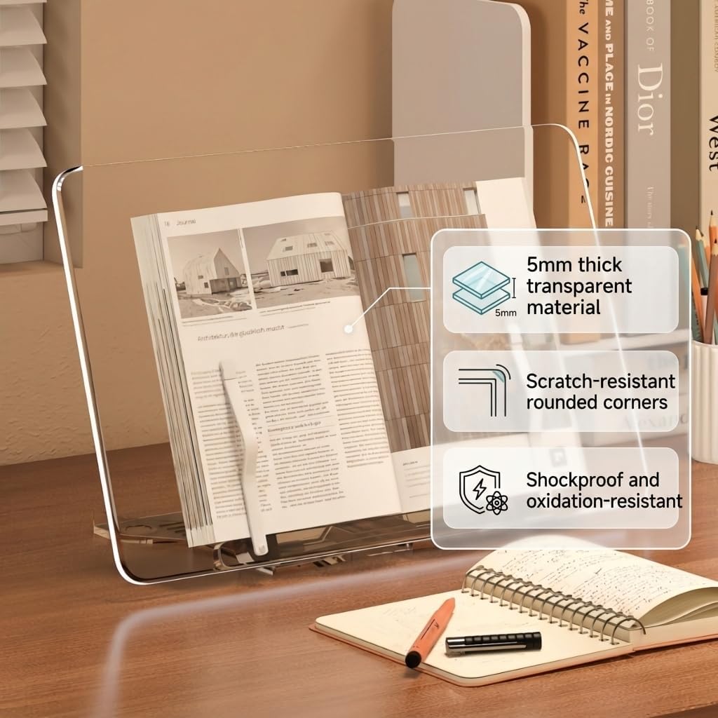 Acrylic Book Stand for Reading, Adjustable Book Holder & Tablet Stand, Portable Page Holder for Cookbooks, Textbooks, Notebooks, Recipes (L (11.8 * 15.4 inch))