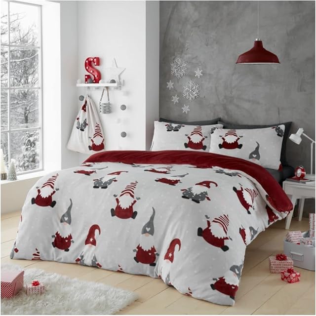 GC GAVENO CAVAILIA Xmas Santa Claus Duvet Cover Single, Gonk Bedding Set, Warm Cosy Fluffy Bed Cover With Matching Pillow Case, Grey/Red