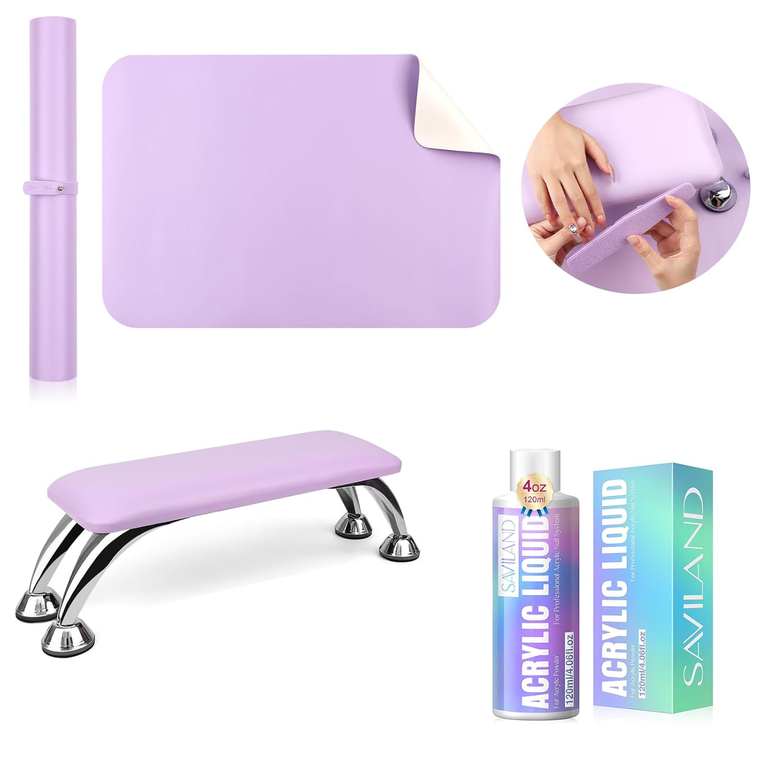 Saviland 4.06 oz Monomer Acrylic Nail Liquid – 120ml Acrylic Liquid for Acrylic Powder Non-Yellowing Formula SAVILAND Arm Rest For Nails - Purple Detachable Nail Art Accessories Tool for Nails Tech