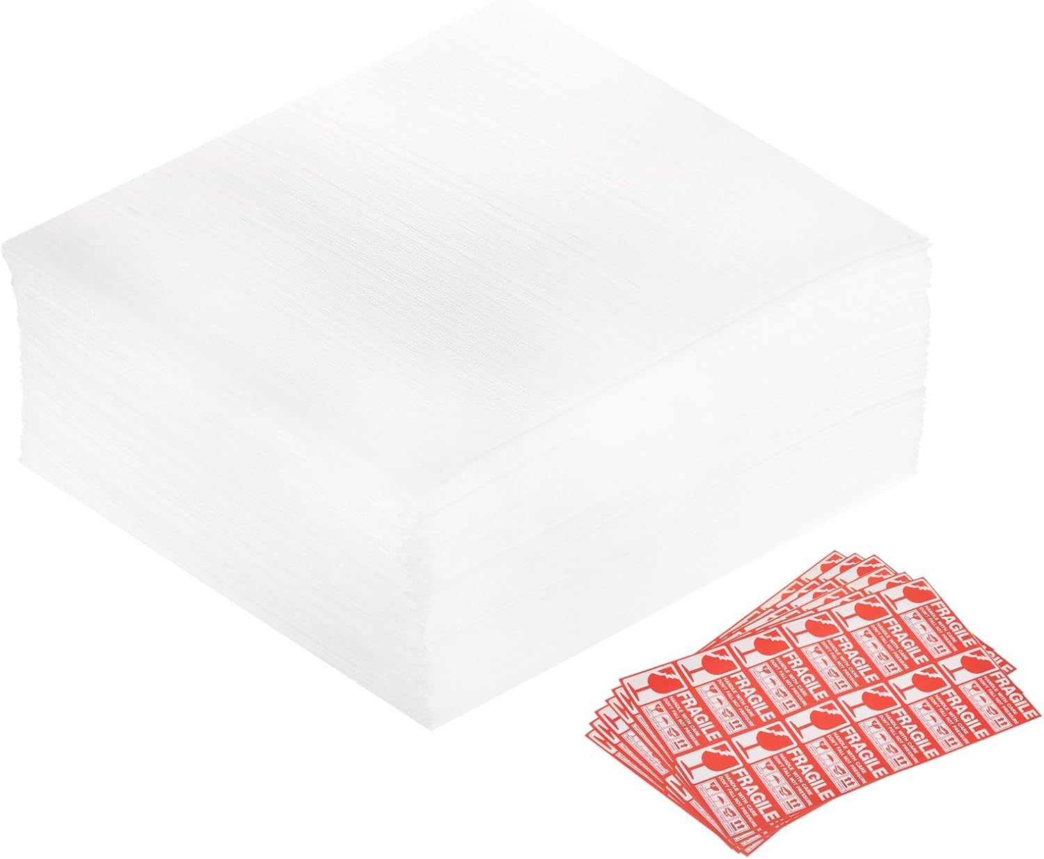 MECCANIXITY Foam Packing Pouches, 100pcs 8.1x8.1 Inch Wrap Bubble Pouches Cushion Foam Packing Supplies White with 60 Fragile Tags for Dishes Furniture Glasses Cups Moving Storage