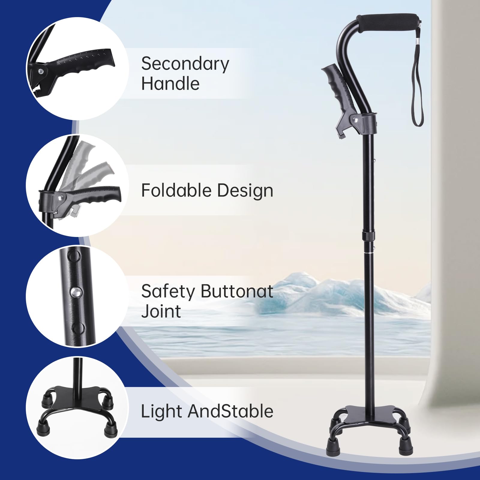 Quad Walking Cane Adjustable Men & Women, Foldable Walking Stick for Seniors, Lightweight & Sturdy with 4-Pronged Base for Extra Stability, Crutche with Foam Padded