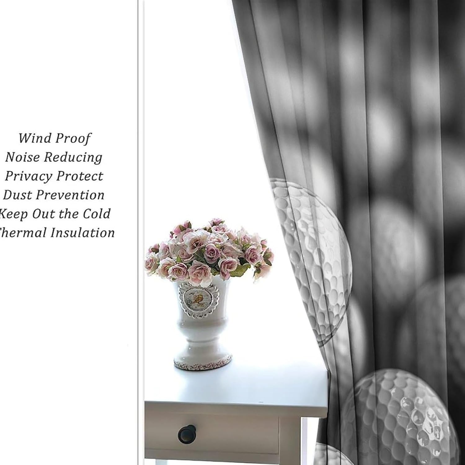 Golf Ball Curtains for Bedroom, Black White Sport Texture Grommet Blackout Curtains Thermal Insulated Window Drapes for Living Room, 36W x 63L, 2 Panels