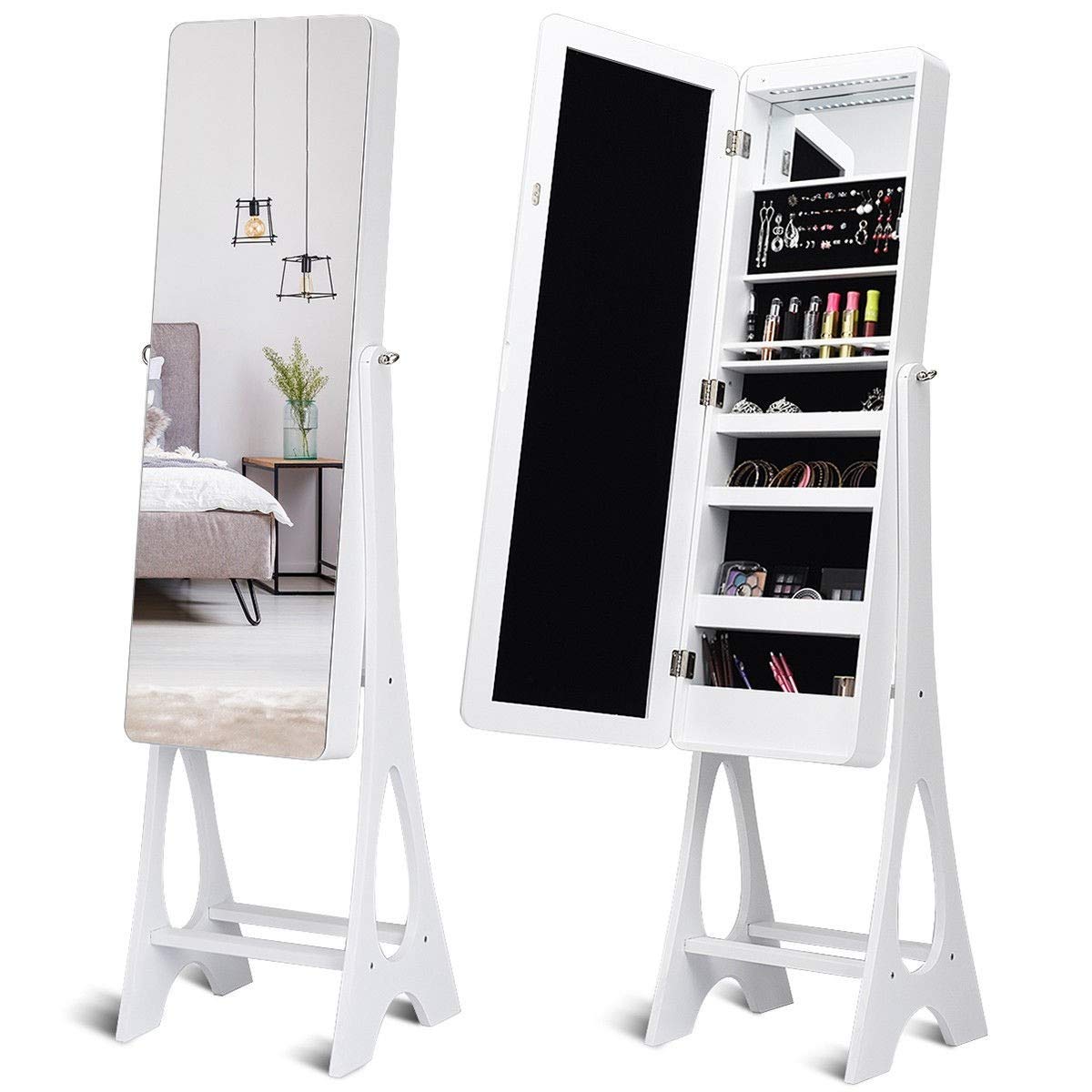 WATERJOY Solid LED Jewelry Armoire Organizer, Full-Length Mirror Standing Jewelry Cabinet Box 3-Angle Adjustable Mirror Cabinet with Bevel Edge Mirror
