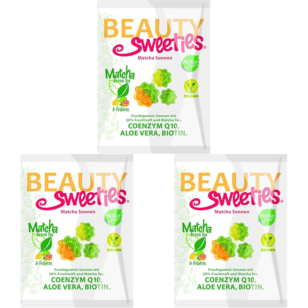BeautySweeties Matcha-Sonnen – Fruchtig-süße & vegane Fruchtgummi-Sonnen mit 20% Fruchtsaft und Matcha Tee - Praktisch im 125 g Beutel (Packung mit 3)