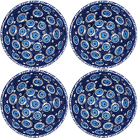 HeraCraft 4 pcs Hand Painted Turkish Ceramic Bowl 12.5cm/4.9"-260ml/9 oz Handcrafted Ottoman Tulips Patterned Bowls for Salad Noodle Dessert Cereal Rice Soup Pasta Serving - Best Gift Set (Navy-Eye) Cover
