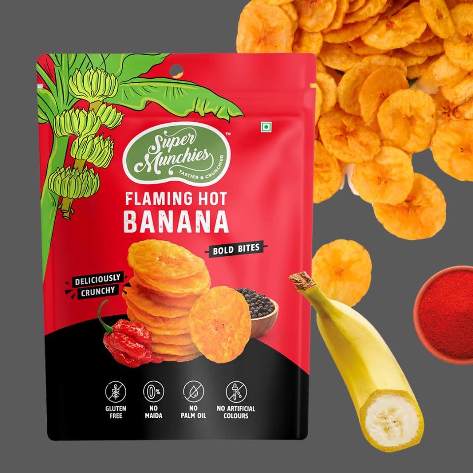 Image of Super Munchies Bold Bites Banana Chips Combo | Flaming Hot, Salted, Thai Chili, Sweet & Sour | Vegan, Gluten Free, No Palm Oil, No Preservatives, No Artificial Colors, Zero Trans Fat, No Cholesterol (Pack of 8)