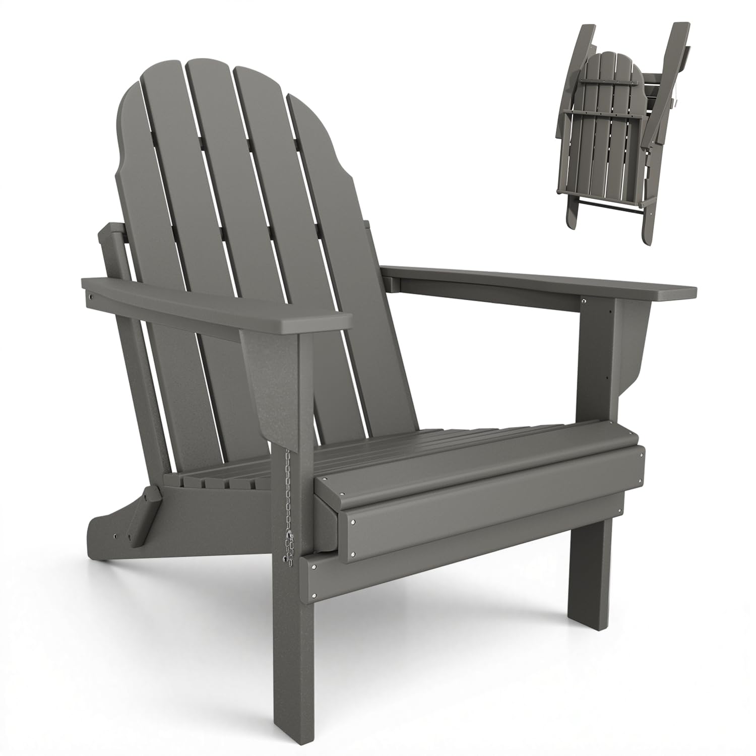 Mdeam Adirondack Stuhl Klappbar, Gartenstuhl mit Rückenlehne & Armlehnen für Garten Terrasse, Adirondack Chair Wetterfestes HDPE, Grau