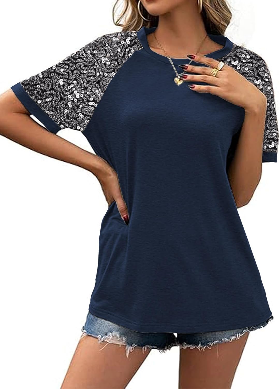 Women Sequined Splicing Short Sleeve T-Shirt Fashion Sparkle Sequin Party Tops Glitter Summer Beach Vacation Tee Shirt - Image 3