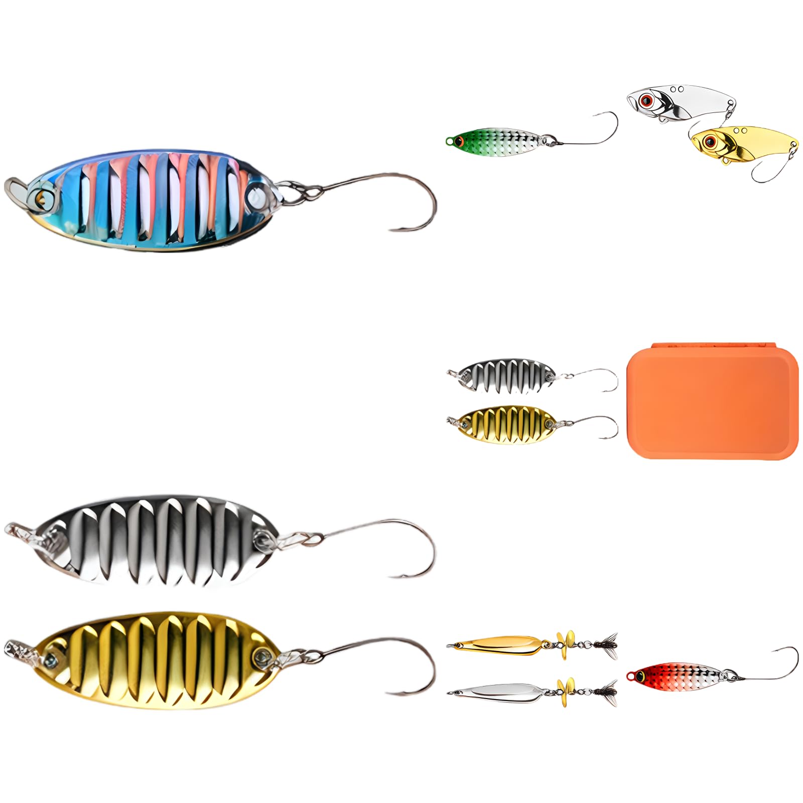 Generisch Set di esche da pesca, 59 pezzi, con scatola per esche a mosca, amo singolo, lustrini, vib, parti di lancio, perne, anelli, micro esche per tutti gli strati d'acqua, per pesce persico, trota