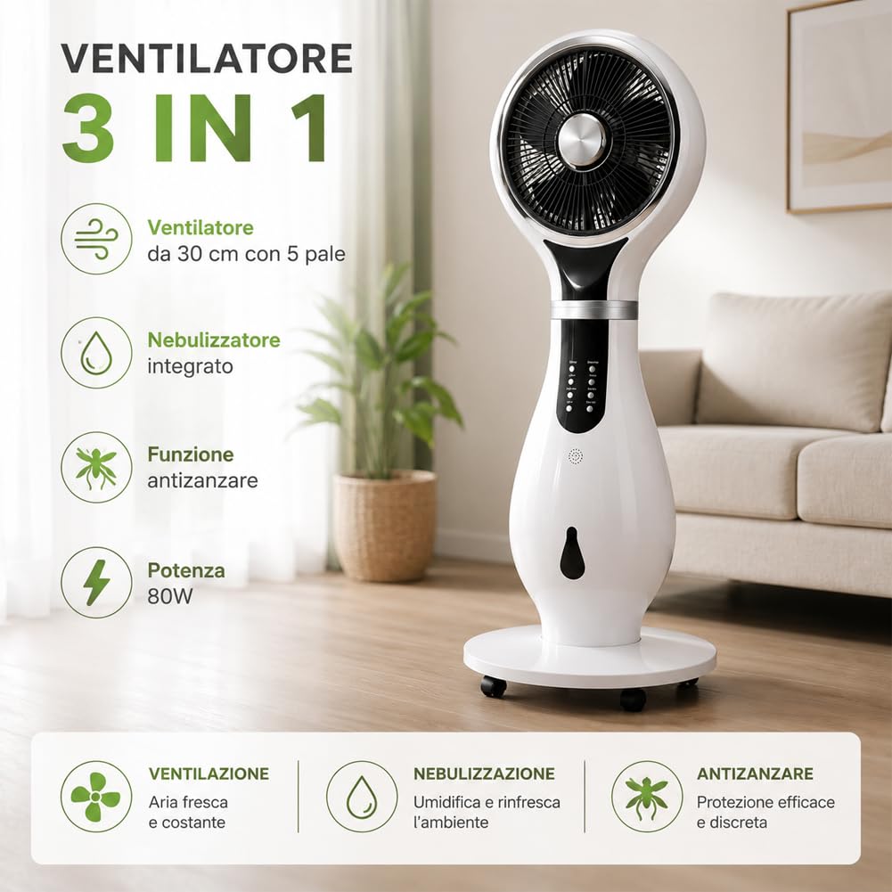 BAKAJI Ventilatore con Ruote a Piantana 80W Combinato 3in1 LED Display con Umidificatore, Anti Zanzare e Funzione Ionizzatore, Air Fun Diametro 40 cm e Alt. 110cm, Spegnimento Automatico, Telecomando