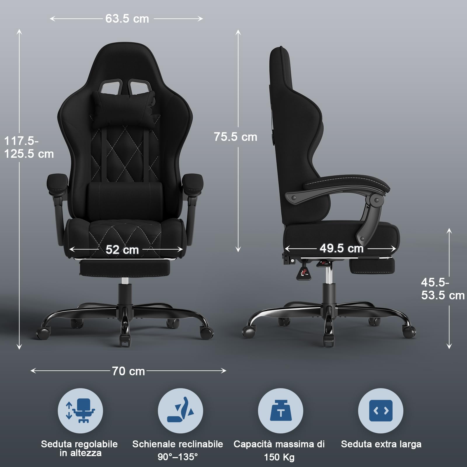 Devoko Sedia da Gaming in tessuto, Sedie Ufficio Ergonomica, Sedia Massaggiante con braccioli, Poltrona con cuscini imbottiti a molle, con ruote, braccioli, 360°girevole, Regolabile in altezza, Nera