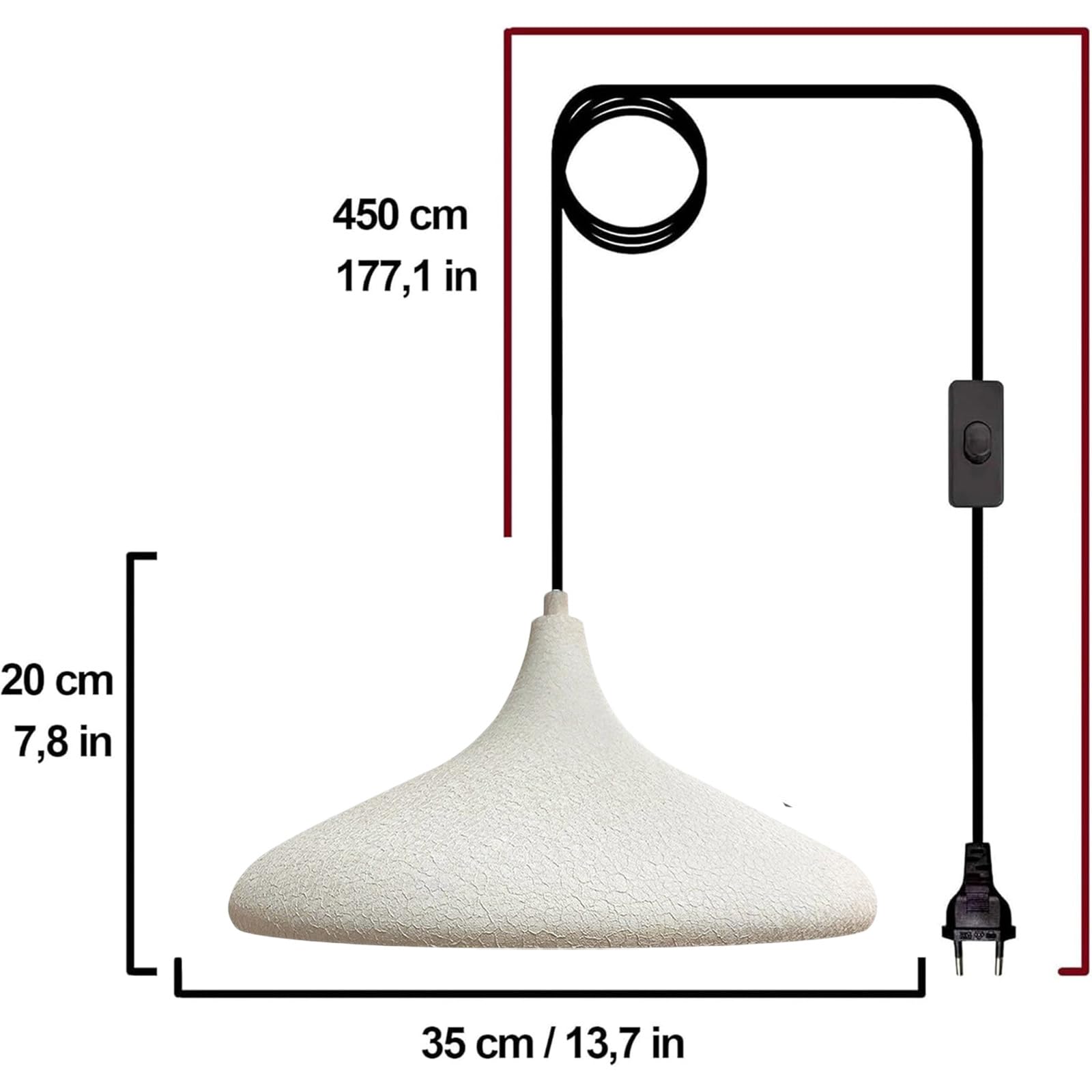bamyum Lampadario a Sospensione con Spina, Lampadario Cucina 35 cm, Lampada da Soffitto con 450 cm Cavo, Lampadario a Sospensione, Lampada per Isola da Cucina in Metallo, Bianco