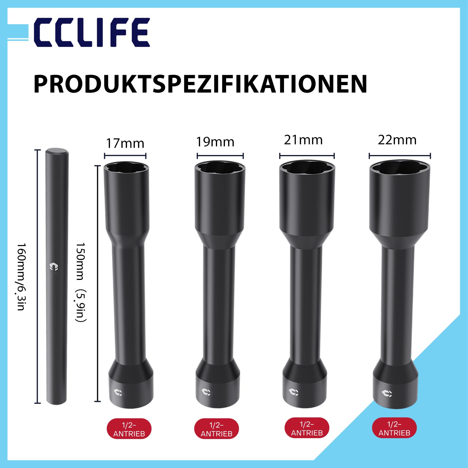 CCLIFE Nakrętki do wkrętarki udarowej zestaw 5-częściowy 12,5 mm 1/2", do usuwania nakrętek do kół Twist 17-22 mm 150 mm do serwisu opon i warsztatów samochodowych