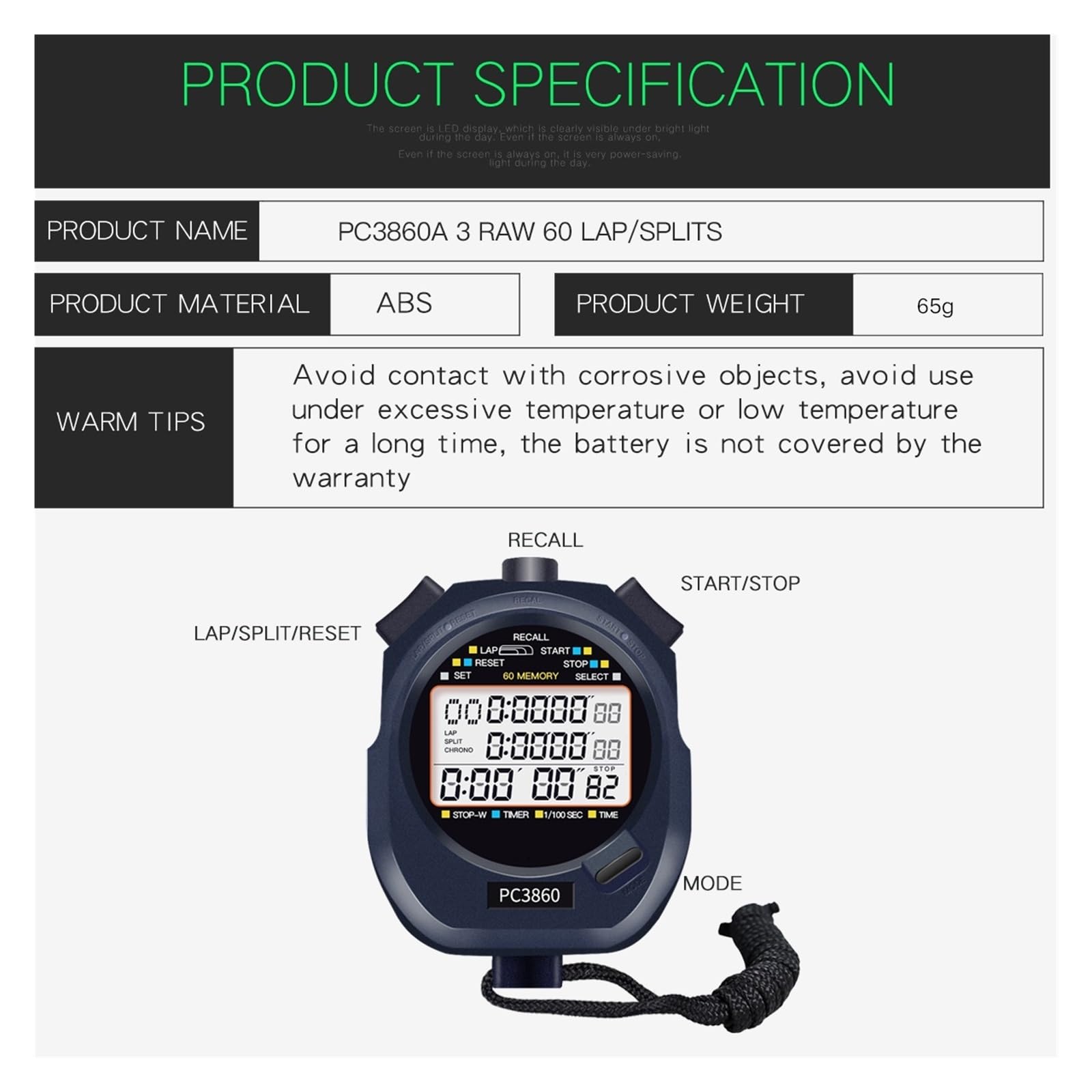 Cronometro Digitale Cronografo Palmare Allenamento Sportivo Orologio Da Polso Timer Facile Da Usare, Preciso