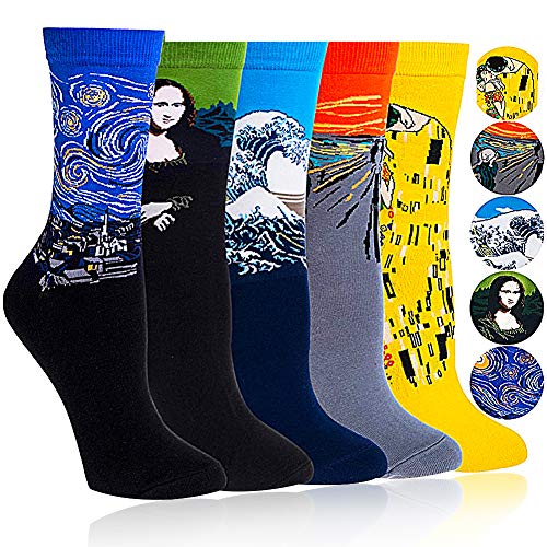 JPYH 5 Paar Herren Socken, Bunt Gemusterte Berühmte Gemälde, Mode Trend Crew Socken Herren, Baumwolle EU 39-45, Geschenk für Männer Cover