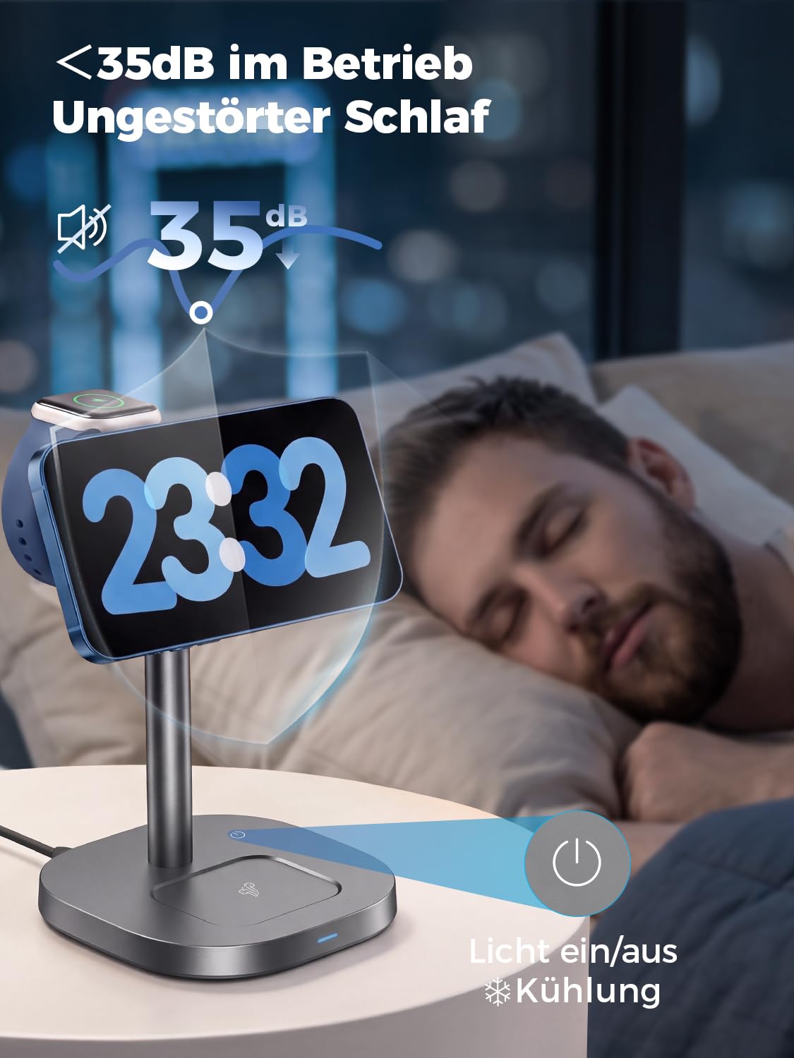 Qi2.2 25W MagSafe 3-in-1 Ladestation mit Kühlung für Apple Watch und iPhone | Wireless Charger für iPhone 17/16/15, Samsung S26/S25/S24, Watch, AirPods, aktive Kühlung, inkl. 45W Netzteil