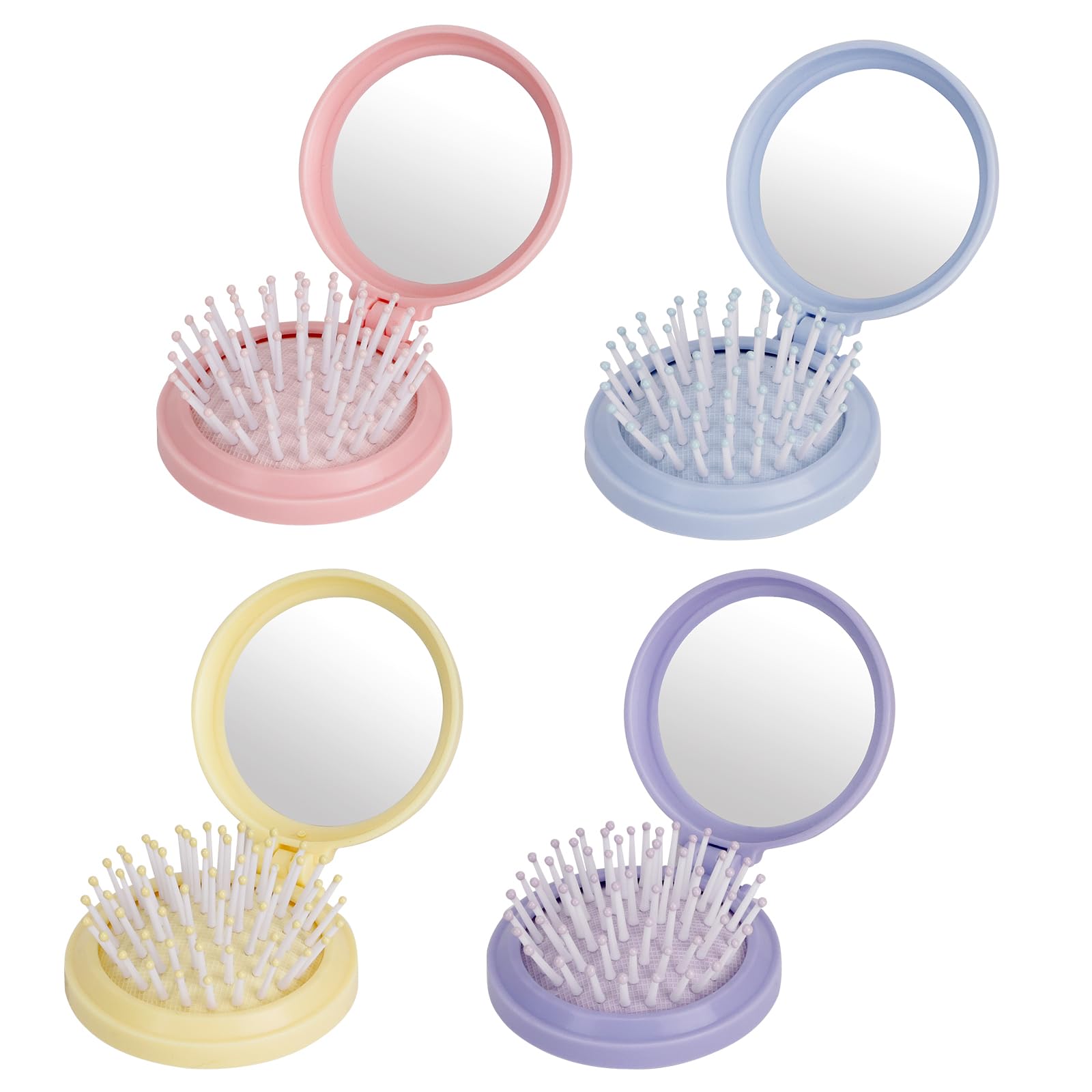 LIUCONGBD 4PCS Folding Hair Brush with Mirror, Mini Round Travel Size Hairbrush with Compact Mirror