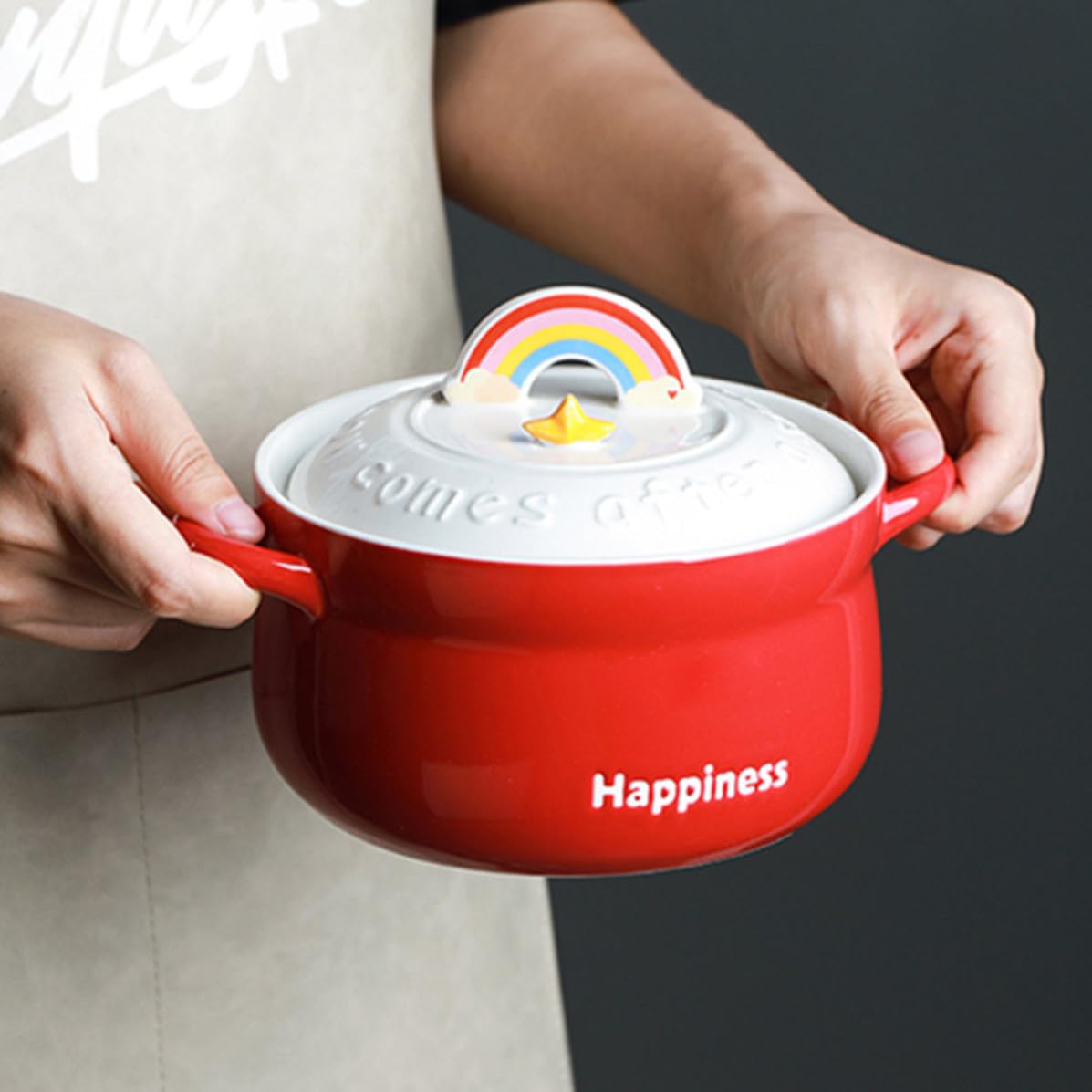 Gadpiparty Tazón de Ramen de Cerámica Rojo con Tapa, Cuenco para Sopa y Frutas, Diseño Decorativo y Funcional para Restaurantes y Regalos de Inauguración de Casa