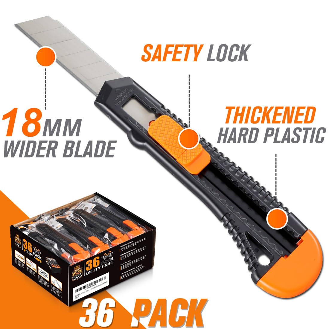 REXBETI Paquete de 36 cuchillos utilitarios, cortador de cajas retráctil para cartones, cartón y cajas, hoja afilada de 18 mm de ancho, mecanismo suave, perfecto para oficina y uso doméstico (paquete