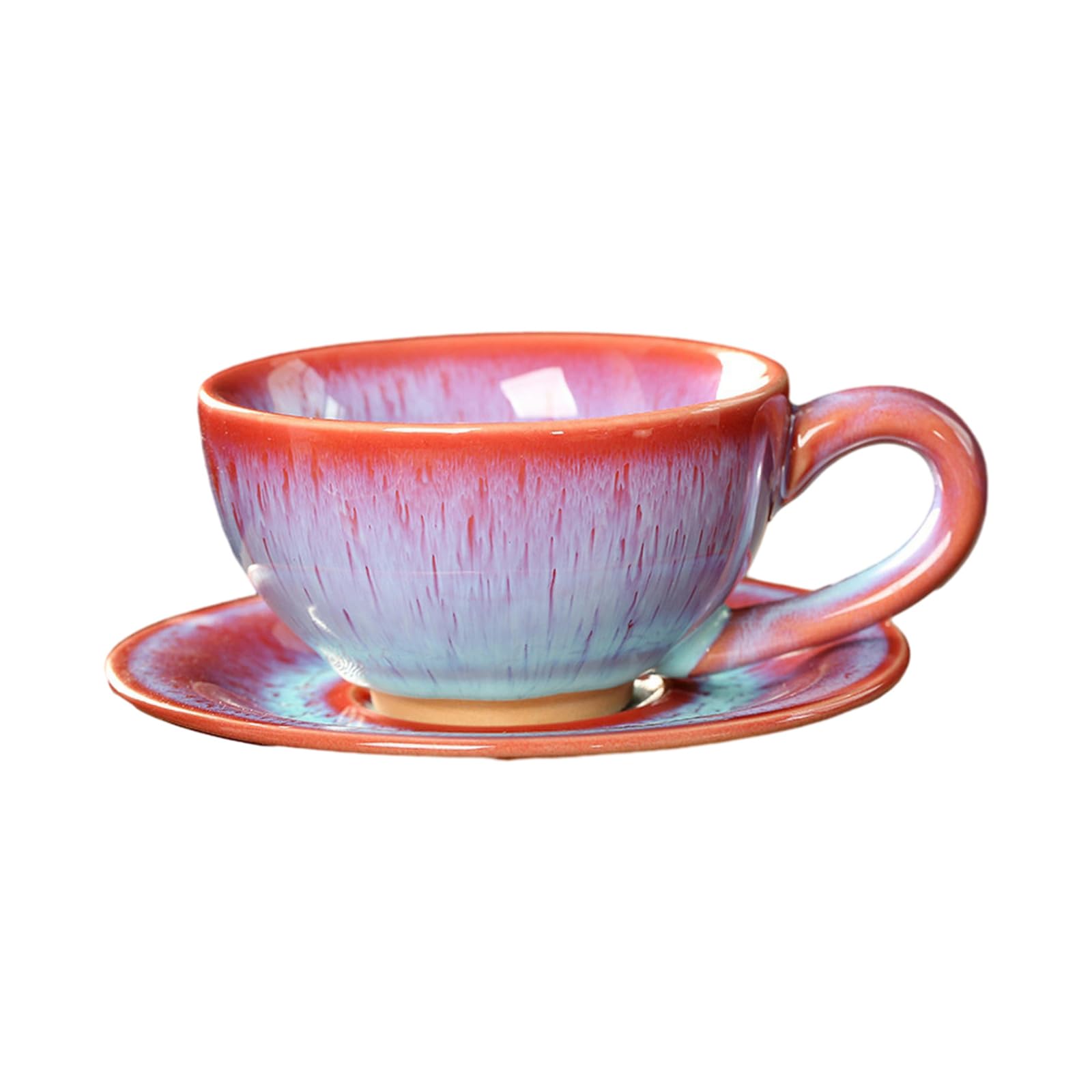 Europejski zestaw filiżanek do kawy, filiżanka i spodek z cienkiej porcelany, 150 ml/5 uncji europejska ceramiczna filiżanka do kawy i talerze ze szczotkowaną emalią (czerwony)