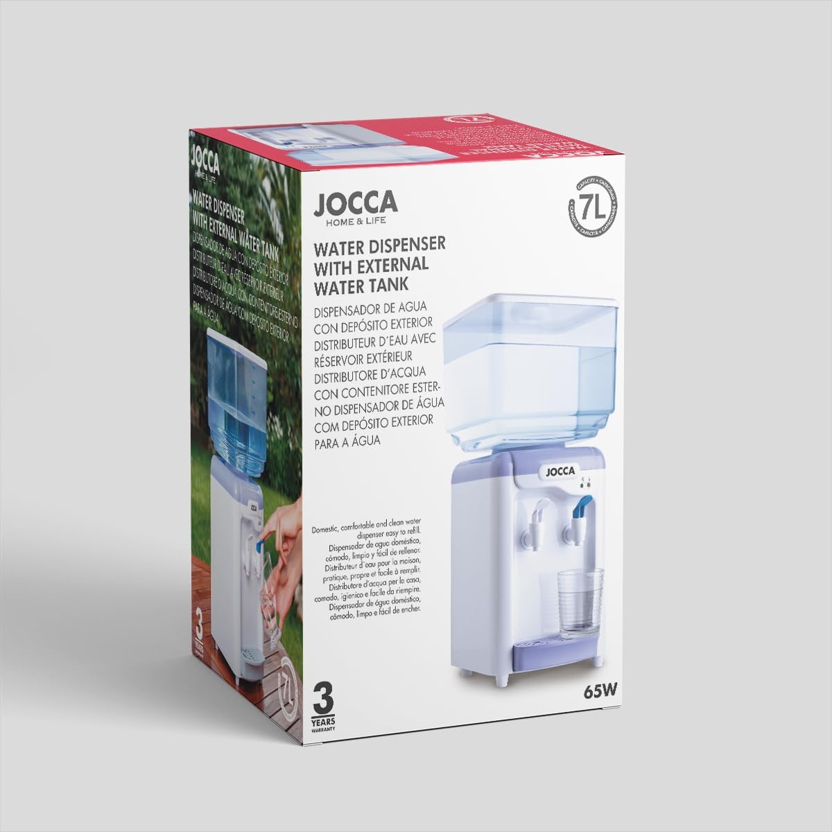 Jocca water dispenser packaging showing 3 years warranty