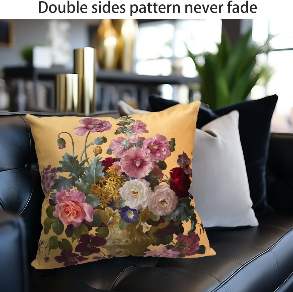 Vintage Floral Pillow Cover 26x26 Inch, Victorian Style Mixed Flower Bouquet Oil Painting Print on Mustard Yellow Background, Classic Throw Pillow Case for Living Room Sofa Bedroom Decor