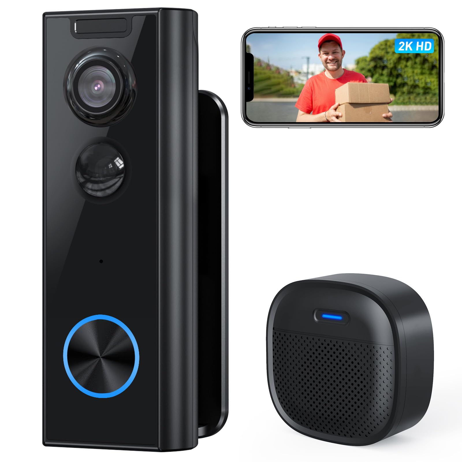 XTU Timbre Inalámbrico con Cámara, 2K Timbre Videoportero WiFi Inalámbrico Exterior con Soportes, Detección Humana, Visión Nocturna, Audio Bidireccional, Compatible con Alexa Local/Nube