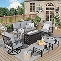 MIXPATIO Patio Furniture Set, 6 Pcs Metal Outdoor Conversation Set, 2 Swivel Chairs, 2 Ottomans and 3 Seater Sofa with 5.75" Extra Thick Cushion and Gas Fire Pit Table, Grey
