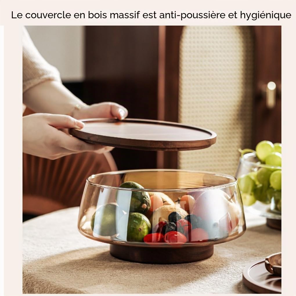 Ensemble de saladiers en verre avec couvercles en bois d'acacia pour fromage plats cuisinés, saladier avec couvercle verre pour servir des apéritifs et des collations, grande taille, UN