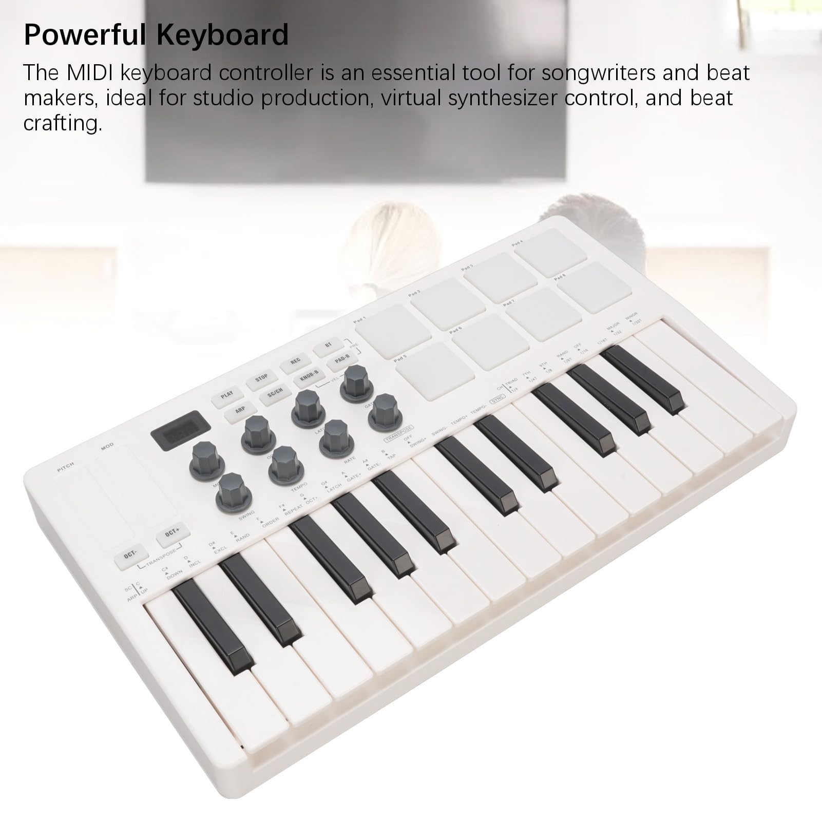 Controlador de Teclado MIDI Bluetooth Portátil, Controlador MIDI de 25 Llaves con 8 Almohadillas de Batería Retroiluminadas y 8 Perillas, para Producción Musical de Músicos