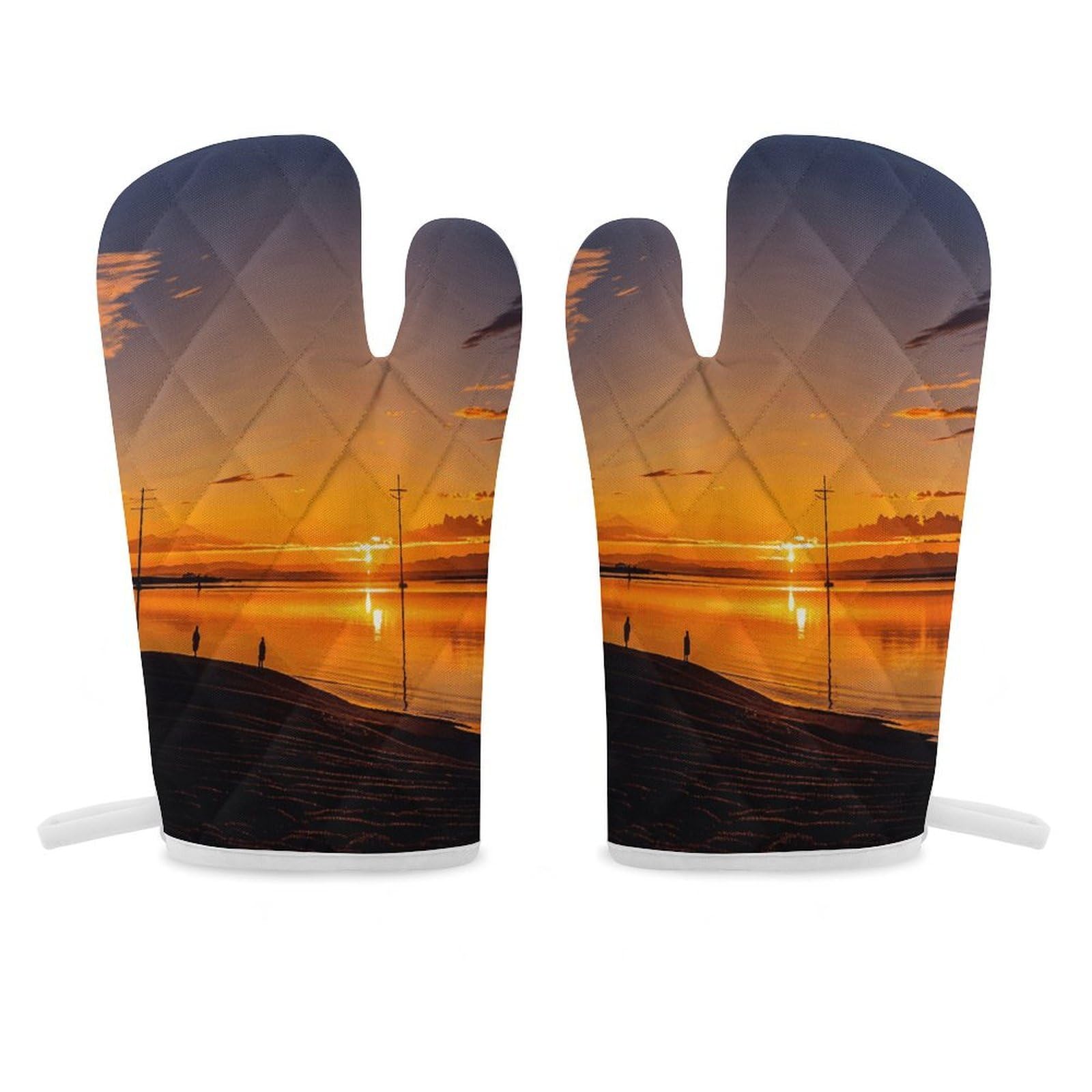 Vintage Sunset Stripes Oven Mitt Heat Resistant Potholder Set,Durable Oven Gloves for Gifts,Glove Pot Holder for Cooking Baking Grilling BBQ
